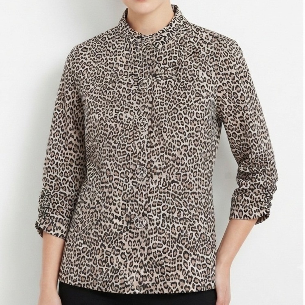 Chico's Leopard Print Jacket Top Womens 0 Small Leopard Print Ruched Sleeve